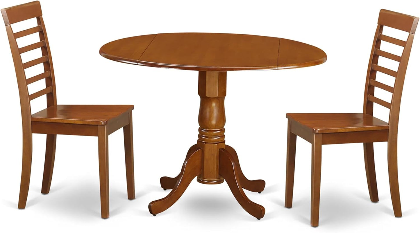 East West Furniture DLML3-SBR-W 3 Piece Kitchen Table Set for Small Spaces Contains a Round Dining Table with Dropleaf and 2 Dining Room Chairs, 42x42 Inch, Saddle Brown