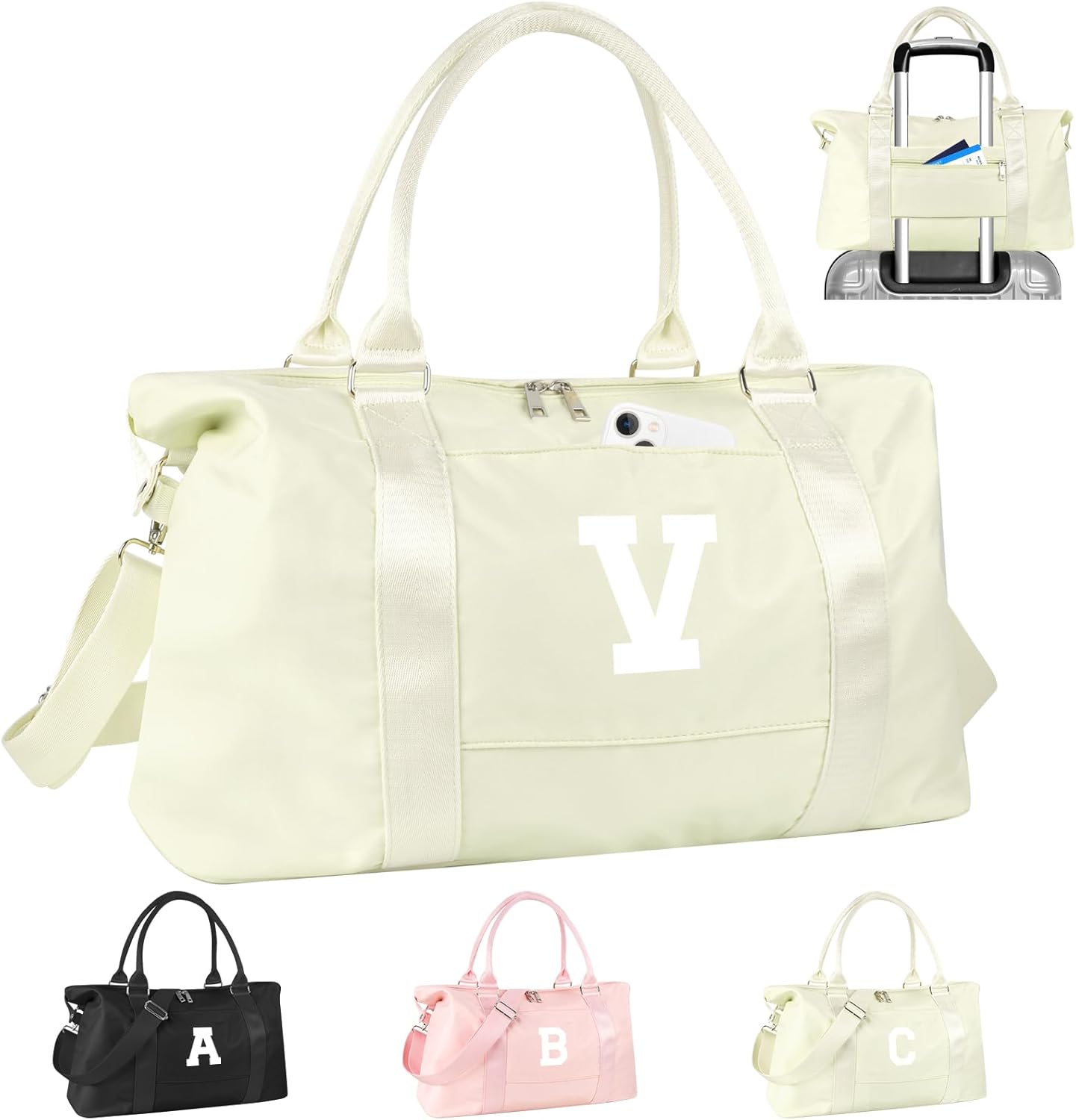 Initial Travel Duffel Bag Sports Gym Bag for Kids Teen Birthday Gifts,Beige Personalized Weekender Bag Carry On Dance Bags for Women Men,Waterproof Monogram Overnight Bag with Trolley Sleeve(Letter V)