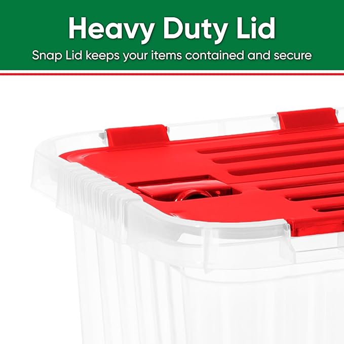 Superio Christmas Storage Box with Red Hinged Lids, Plastic Container Bins for Organizing with Attached Lid, Stackable Crates, BPA Free, Organizers for Home and Office, 27.5 Quart (17"x11.65"x12.25)
