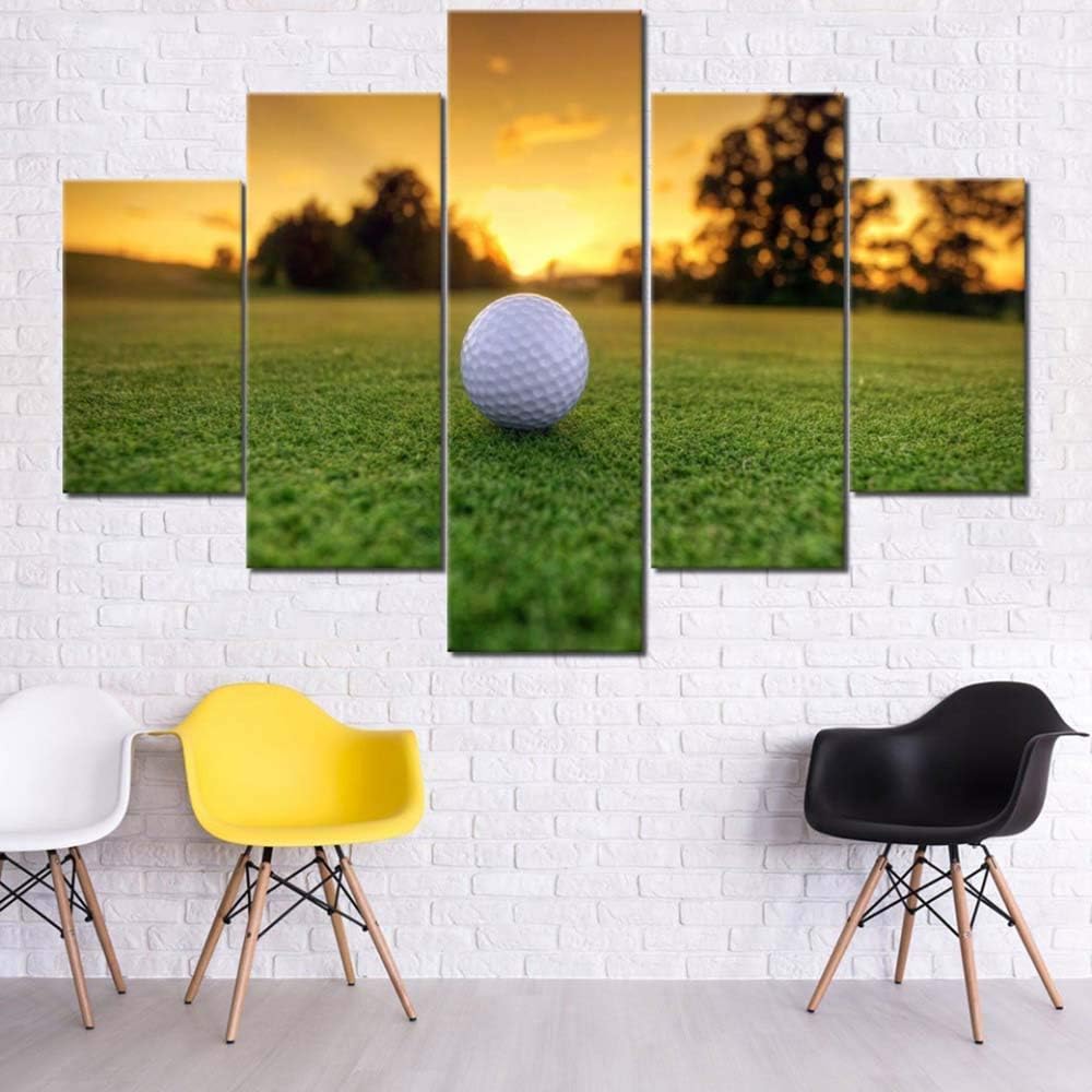 Wall Pictures for Living Room Golf Course Sunset Scenery Paintings White Golfball Artwork Gallery-Wrapped 5 Panel Prints Canvas Wall Art Modern Home Decor Framed Stretched Ready to Hang(60''Wx40''H)