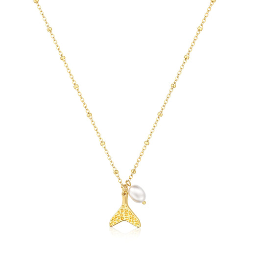 Picuzzy 14K Gold Plated Fish Pendant Necklace for Women Trendy, Sea Fish Tail Beach Necklace Ocean Coastal Tropical Nautical Vacation Summer Jewelry Pearl Accessories for Women