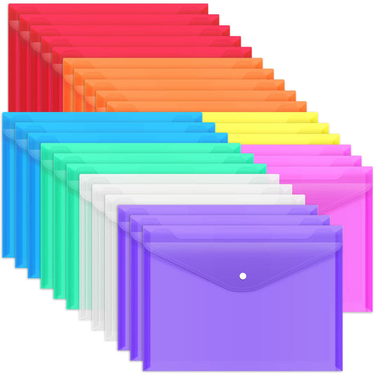 EOOUT 28pcs Plastic Envelopes, Plastic Folders for Documents, Poly Folders with Snap Closure, 8 Colors, A4 Size, Letter Size, for School and Office Supplies