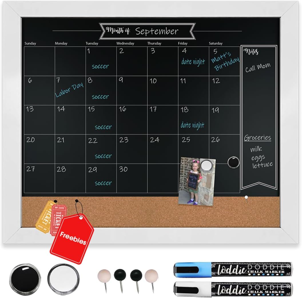Loddie Doddie Chalkboard Calendar - 18" x 24" White Framed - Magnetic Chalkboard & Cork Bulletin Board with Chalk Markers, Push Pins & Magnets - Dry Erase Calendar for Wall