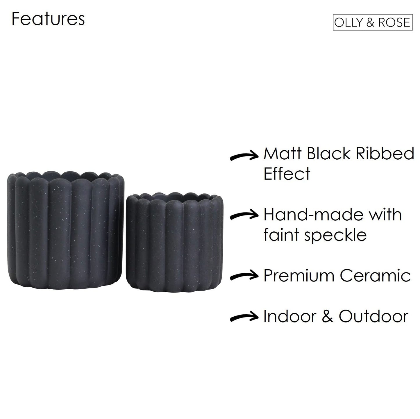 Olly & Rose iOS Vertical Striped Ribbed Plant Pot - Charcoal Speckled Ceramic Planters - 6.6 + 5 Inch Indoor and Outdoor Flower Pots Home Decor (Black Ribbed)