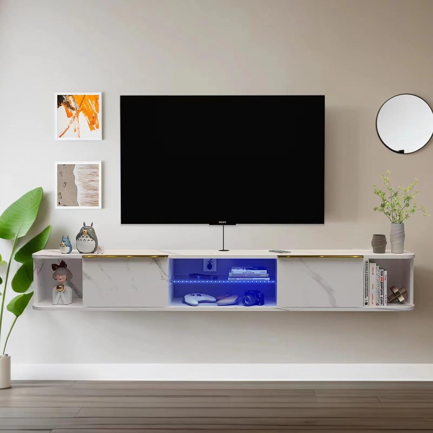 Pmnianhua LED Floating TV Stand with 2 Drawers,78'' Floating TV Shelf with LED Lights,Wall Mounted Media Console,Floating Entertainment Center with Storage for Bedroom Playroom Living Room(White)