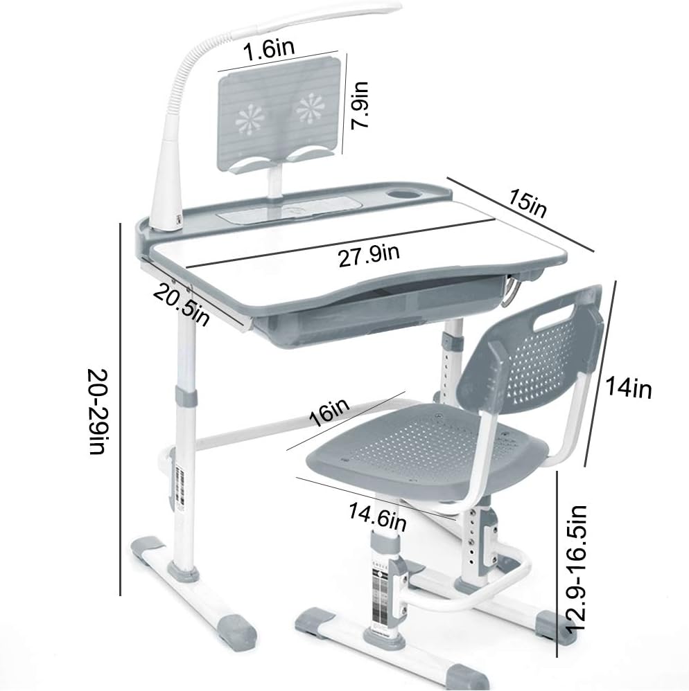 Kids Desk and Chair Set, Height Adjustable Children School Study Desk with Tilt Desktop, Bookstand, LED Lamp, Metal Hook and Storage Drawer for Boys Girls, Grey