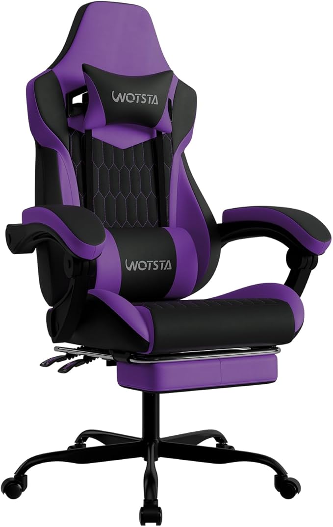 Gaming Chair with Footrest, High Back Gaming Chairs PVC Leather Ergonomic Gamer Chair with Adjustable Headrest Lumbar Support Racing Style Video Gaming Chair for Office/Home (Purple)