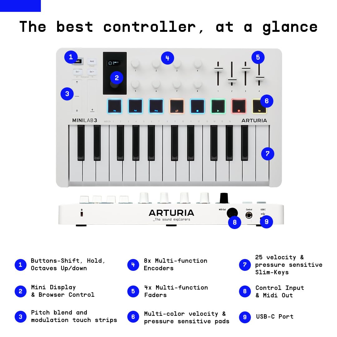 Arturia Minilab 3 - Universal Midi Controller For Music Production, With All-In-One Software Package - 25 Keys, 8 Multi-Color Pa