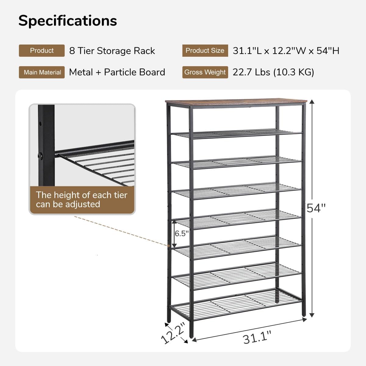 8-Tier Shoe Rack Organizer, Metal Mesh Shoe Storage Shelf, for Entryway, Hallway, Closet, Dorm Room, Industrial, Rustic Brown