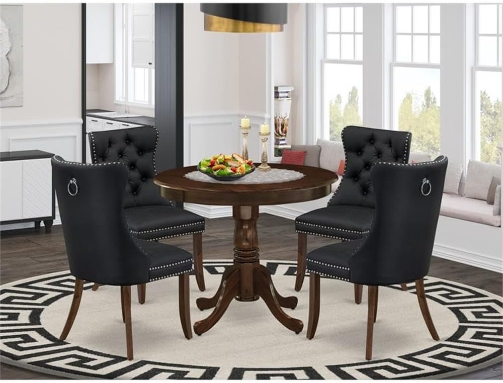 East West Furniture ANDA5-AWA-12 5 Piece Kitchen Table Set Includes a Round Dining Table with Pedestal and 4 Polyester Fabric Upholstered Parson Chairs, 36x36 Inch, Antique Walnut