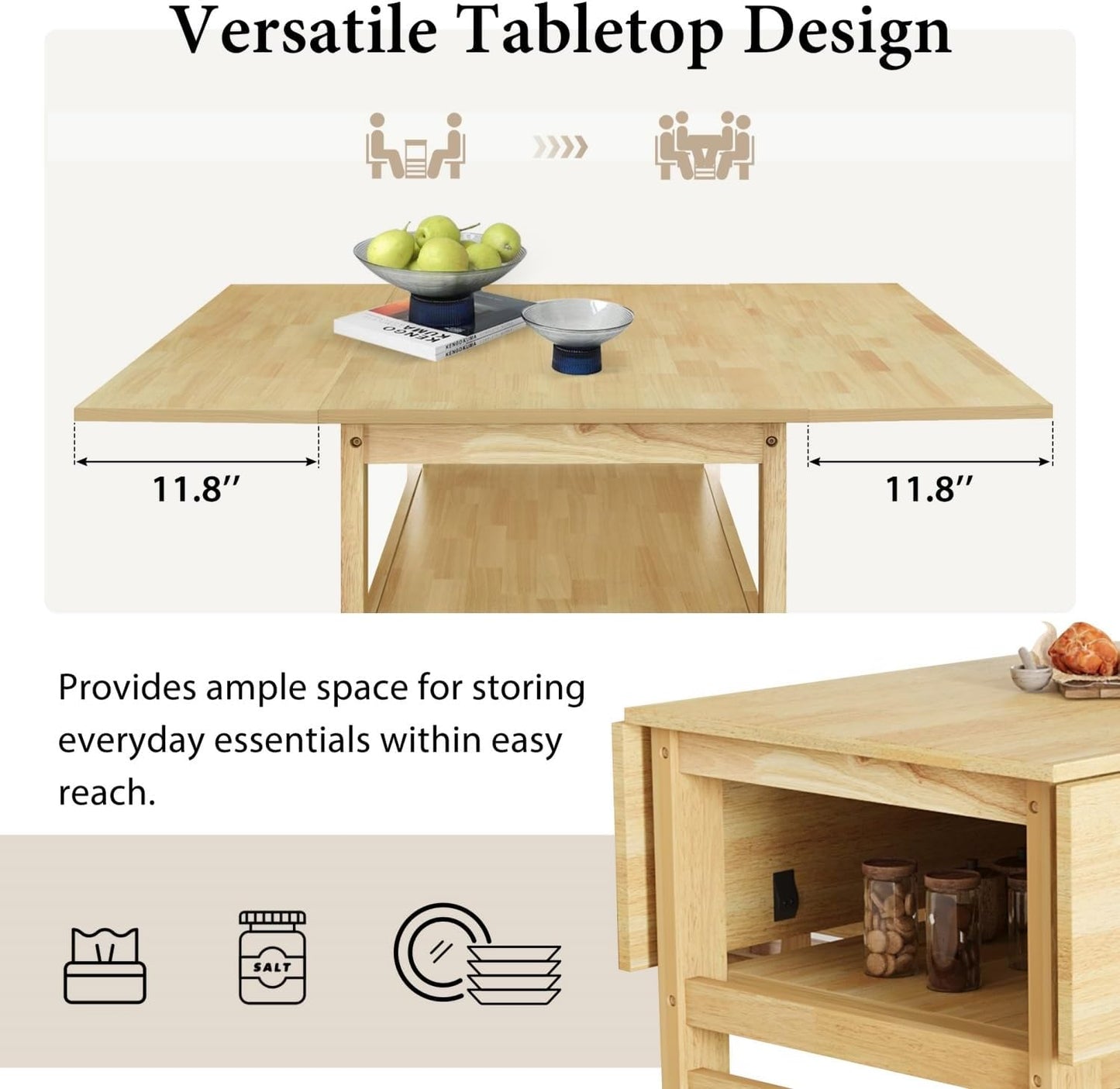 Drop Leaf Dining Table with Chairs Set of 4, 5-Piece Farmhouse Rectangular Dining Room Table with 4 Upholstered Solid Wood Chairs, Extendable Kitchen Tables for Small Place, Natural Rubber Wood