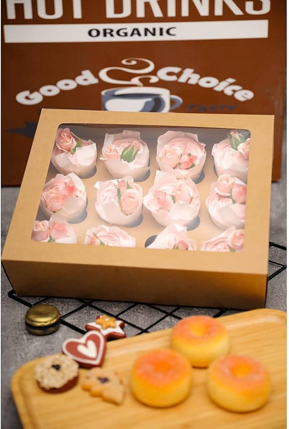 Bakepacker 12 Cupcake Containers 12-Packs Brown Cupcake Box Cupcakes Carrier, 12 Cupcake Boxes with Window 13"x10"x3.5"（Auto-pop up）