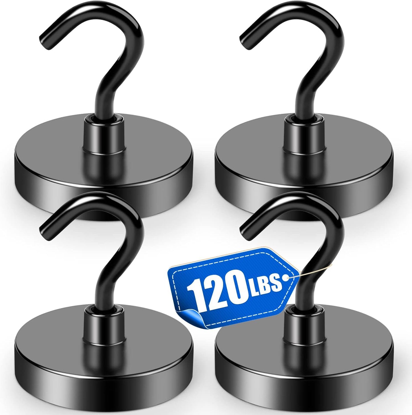 LOVIMAG Black Magnetic Hooks Heavy Duty, 120lbs Strong Neodymium Magnet Hook with Epoxy Coating for Cruise Cabins, Magnets with Hook for Locker, Classroom, Kitchen,Office,Metal Door Etc-4 Pack