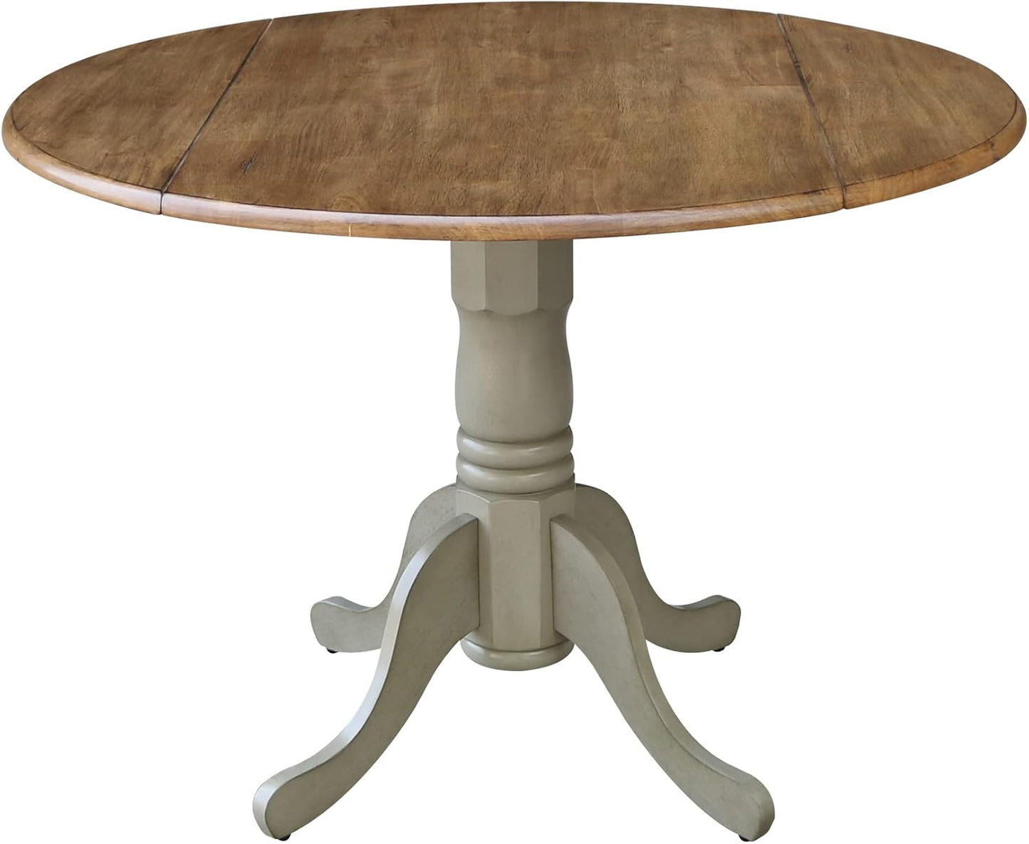 IC International Concepts, 42" Round Dual Drop Leaf Pedestal Dining Table, Solid Real Wood, Sturdy Parawood, Distressed Hickory/Stone