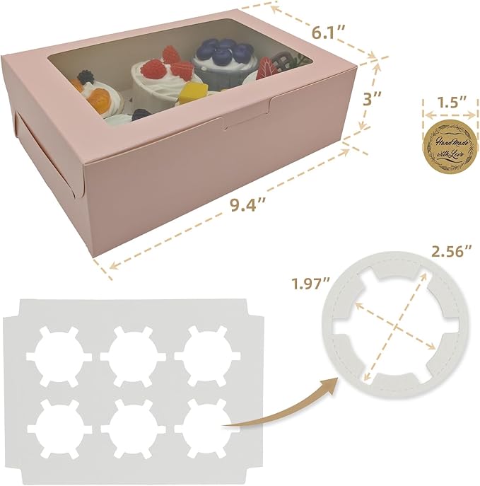 Cupcake Boxes 6 Count, Disposable Cupcake Containers, Food Grade Carrier with Window and Inserts for Cupcakes Muffins Cookies Pastries Donuts (Pink, 3 Pack)