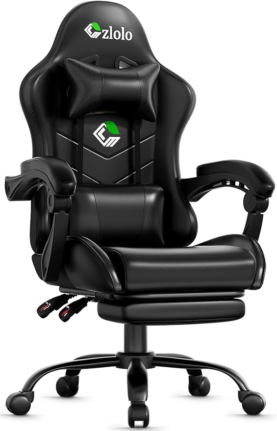 Gaming Chair with Footrest Racing Style Lumbar Support Massager Video Game Chair with Metal Legs, High Back Gamer Chair with Headrest, 360° Swivel Office Computer Desk Chair, Black