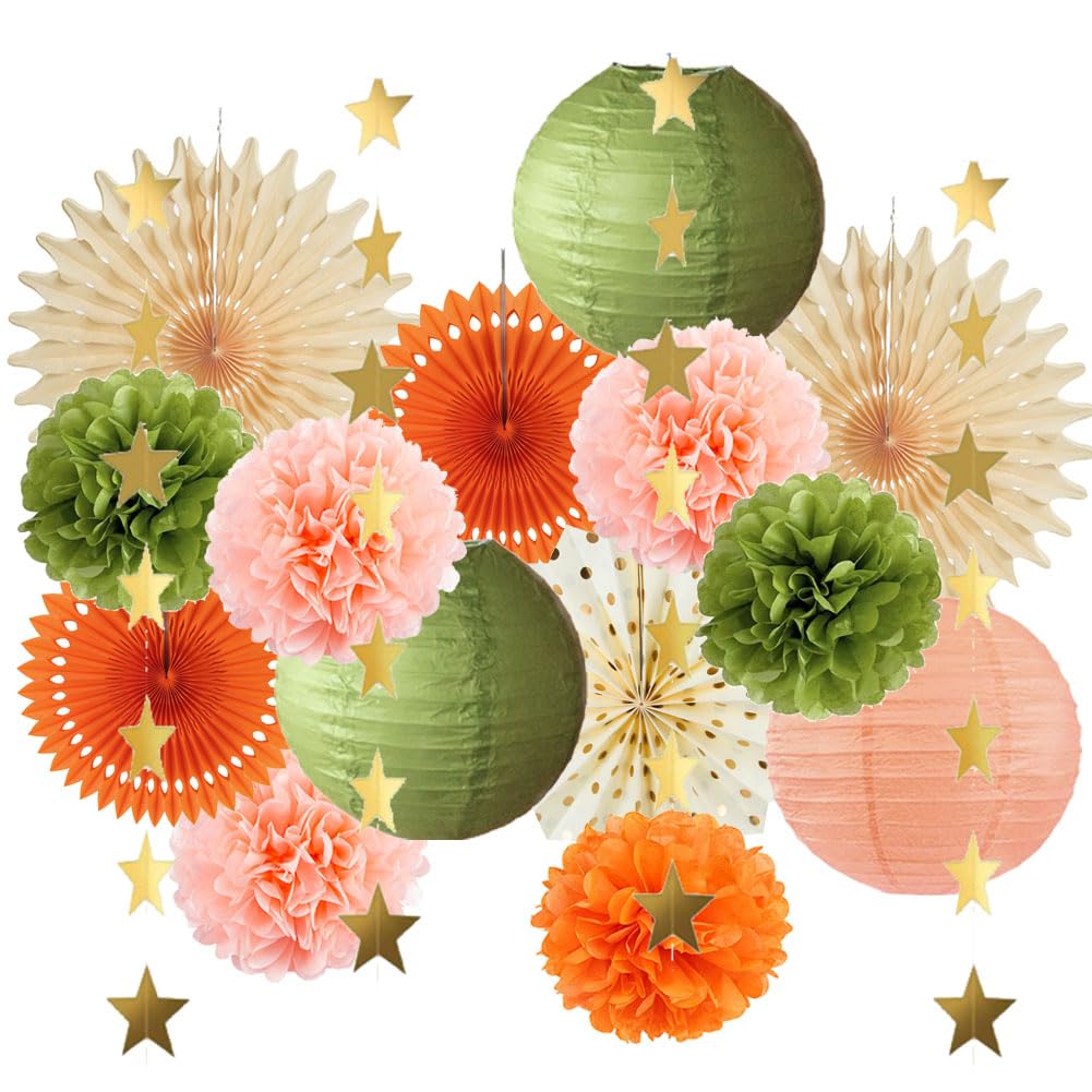 Olive Green and Orange Party Decorations Olive Birthday Party Decorations Peach and Orange Poms Lanterns Beige Fans Decor for Green and Peach Baby Shower Bridal Shower Rustic Wedding Party