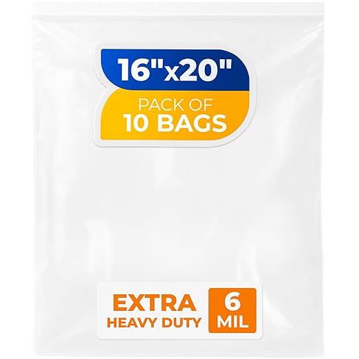 16" x 20" Large Zip Seal Lock Bags, 6 Mil (Pack of 10) – Heavy-Duty Reclosable Plastic Bags – Clear, Resealable, Waterproof – For Storing and Organizing Clothes, Jewelry, and Travel Items