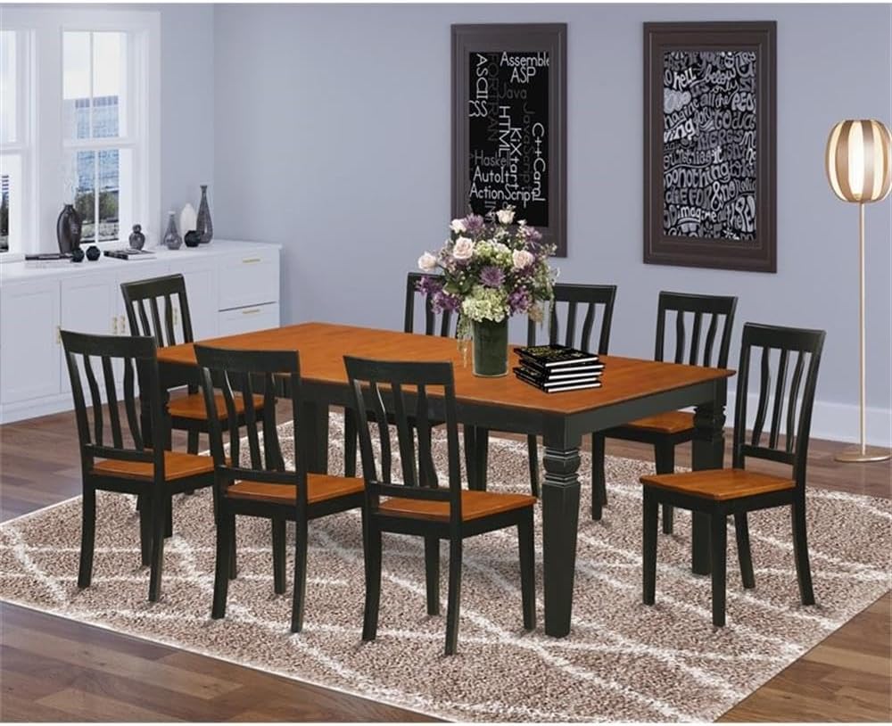 East West Furniture LGAN9-BCH-W 9 Piece Dining Table Set Includes a Rectangle Dining Room Table with Butterfly Leaf and 8 Wooden Seat Chairs, 42x84 Inch, Black & Cherry
