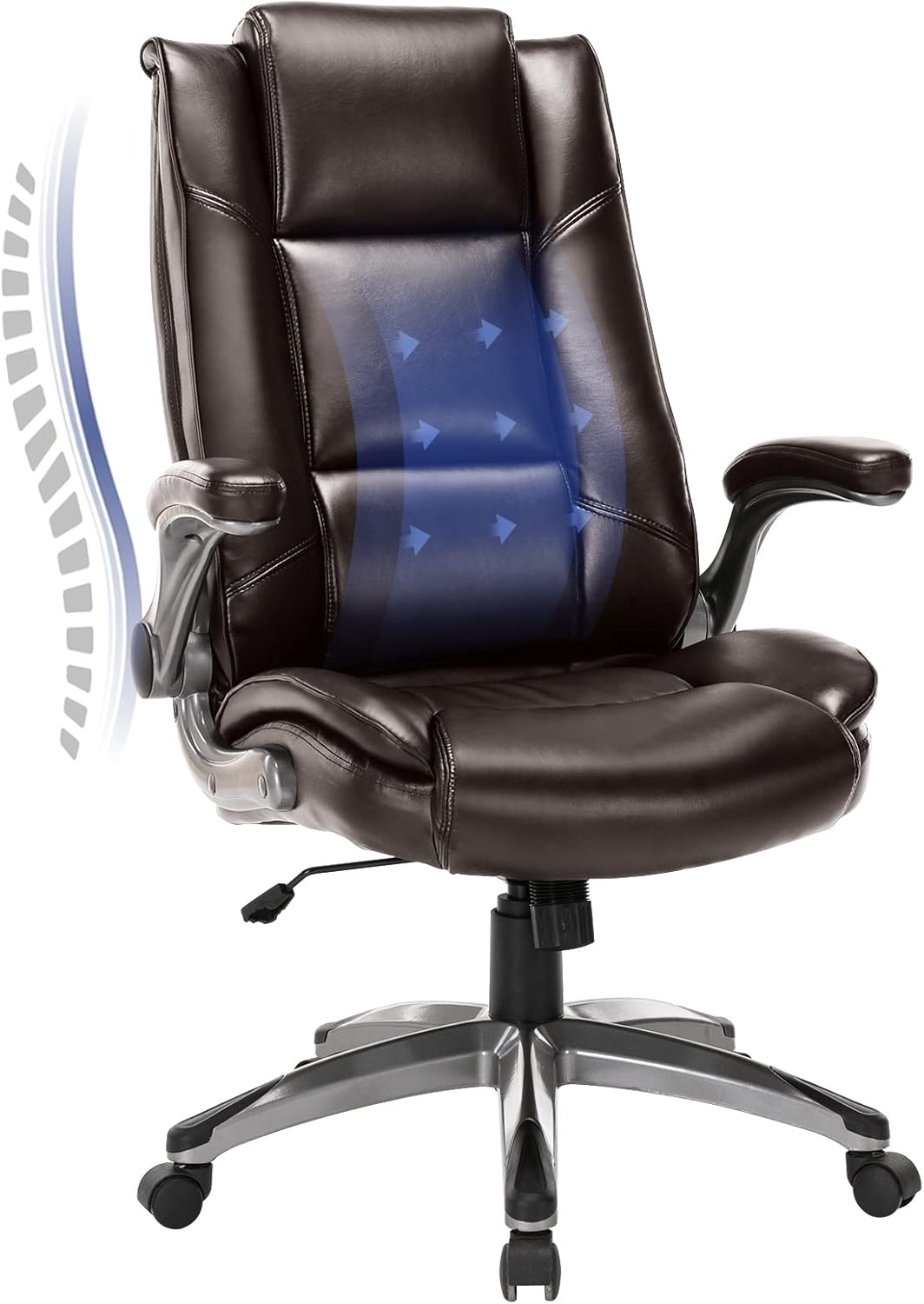 Leather Executive Office Chair - High Back Home Computer Desk Chair with Padded Flip-up Arms, Adjustable Tilt Lock, Swivel Rolling Ergonomic Chair for Adult Working Study, Brown