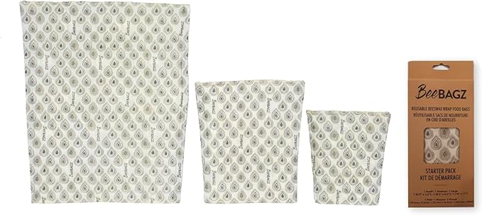 BeeBAGZ - Beeswax Wrap Storage Bag, Reusable Food Storage Bags, Pack of 3, Plastic Free Biodegradable Food Wrap Alternative, Starter Pack, 1 Small + 1 Medium + 1 Large, (Grey)