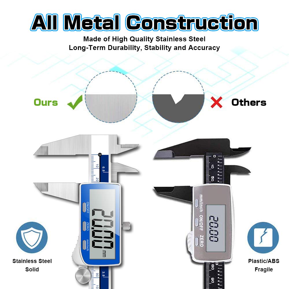 Qfun Digital Caliper, 0-6inch Caliper Measuring Tool Extreme Accuracy IP54 Waterproof Electronic Vernier Caliper Stainless Steel Digital Micrometer with Extra Large LCD Screen