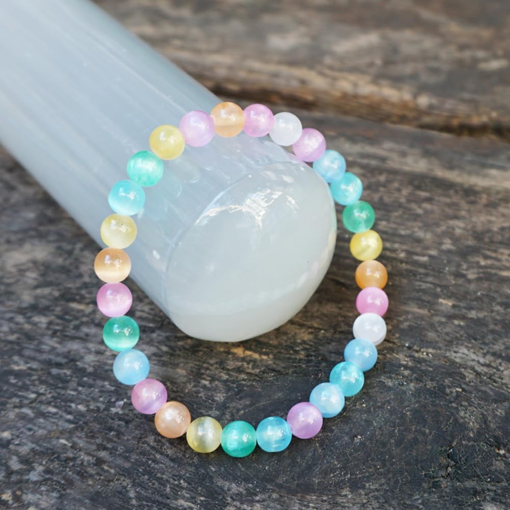 6mm Rainbow Selenite Bracelet - Iridescent Natural Crystal | Handmade Meditation Bracelet with Cat-Eye Effect | Come with Beading Tool Kit - Adjustable to 6.5-7.5 inches Wrist Size