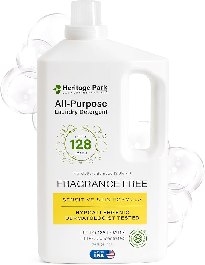 Heritage Park Luxury Laundry Detergent | Dermatologist Tested Plant based Natural & Enzyme Laundry Detergent | Sensitive Skin Friendly - Fragrance Free (64 fl oz)
