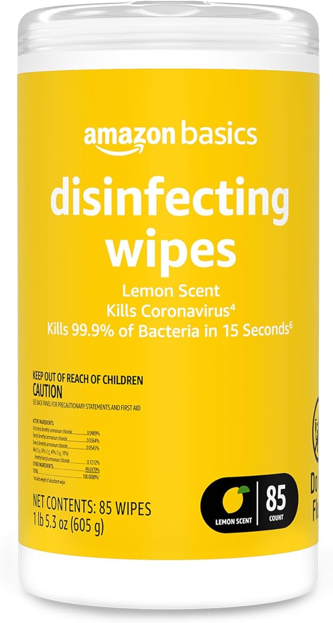 Amazon Basics Disinfecting Wipes, Lemon Scent, Sanitizes/Cleans/Disinfects/Deodorizes, 85 Count