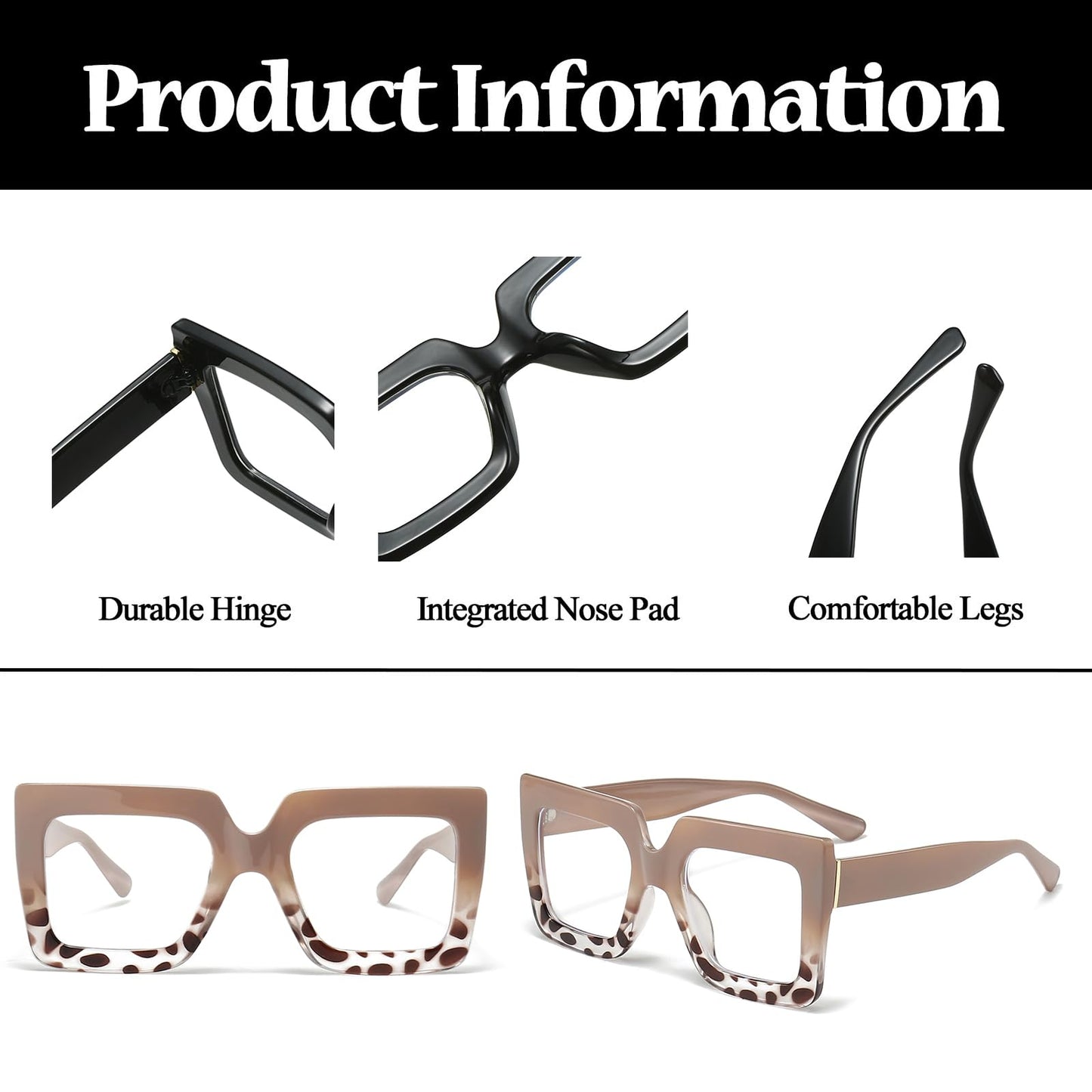 Ljczka Oversized Square Blue Light Glasses For Women Big Thick Frame Eyeglasses Stylish Chunky Computer Anti Glare Glasses (Brow