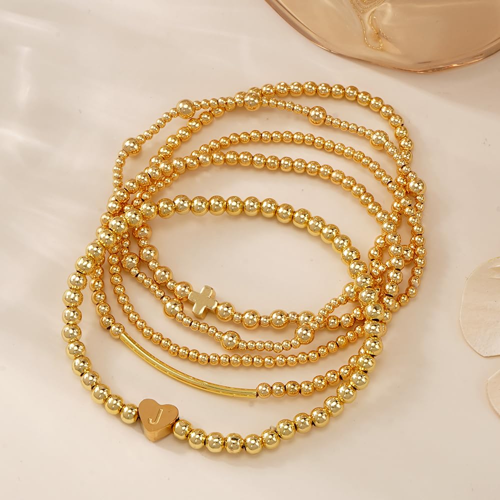 14K Gold Cross Beaded Initial Bracelet Stack for Women,Dainty Stretch Gold Plated Letter “J” Stackable Bracelets Bohemian Layered Prom Party Accessories Jewelry Gift Friendship