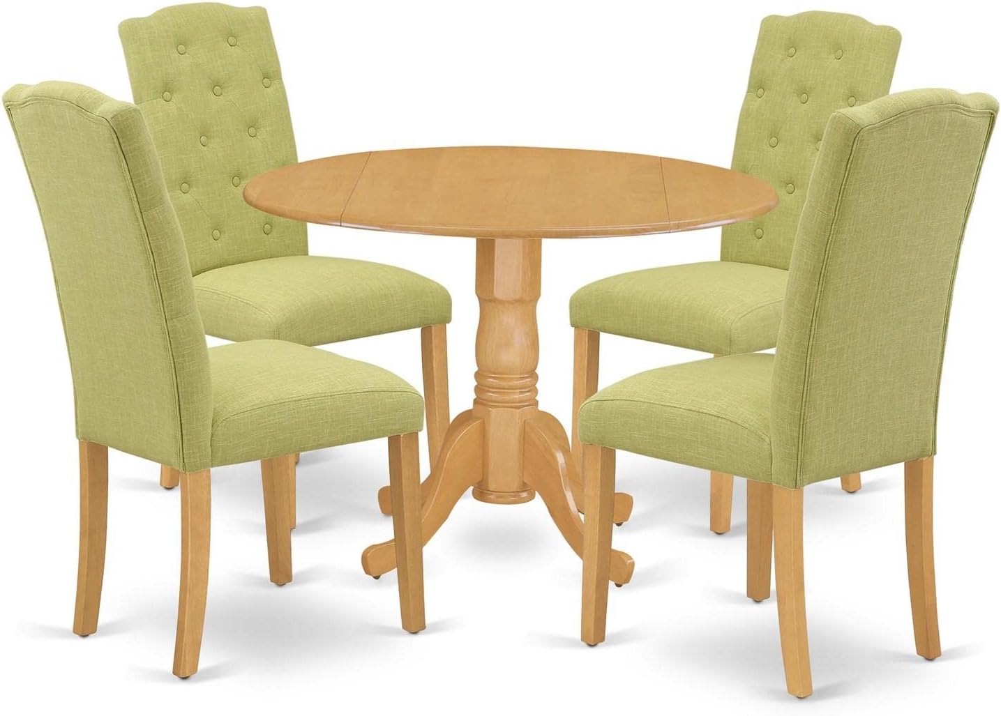 East West Furniture DLCE5-OAK-07 5 Piece Dining Table Set for 4 Includes a Round Kitchen Table with Dropleaf and 4 Limelight Linen Fabric Parson Dining Chairs, 42x42 Inch, Oak
