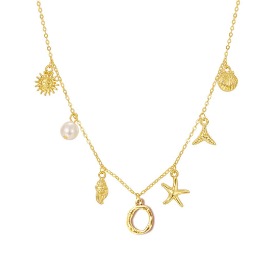 JALZEMPL Initial Charm Necklace For Women Shell Seashell Summer Beach Letter 14K Gold Plated Pendant Starfish Surfer Boho Jewelry Gifts (O)