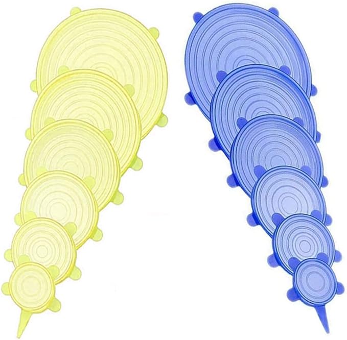 12 pcs Silicone Stretch lids set, Reusable Food Storage Covers,Silicone Bowl Covers,Flexible to Fit All Shape of Containers,Food Cover to Keep Food Fresh(6 Sizes,blue&yellow)