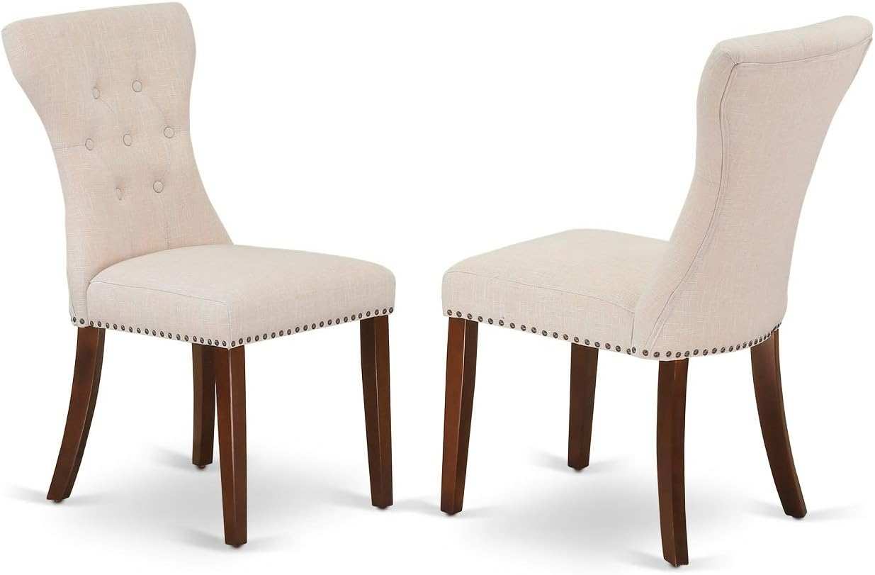 East West Furniture MLGA3-MAH-32 3 Piece Dining Room Table Set Contains a Rectangle Kitchen Table with Butterfly Leaf and 2 Light Beige Linen Fabric Parson Chairs, 36x54 Inch, Mahogany