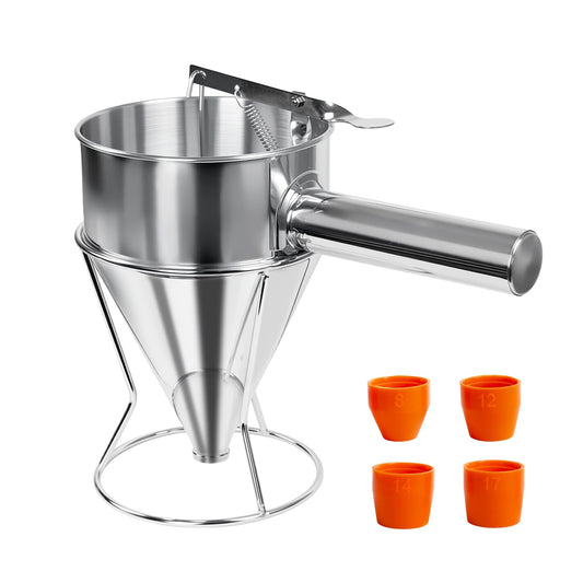 Lyhubmh 40oz Stainless Steel Pancake Batter Dispenser, Pancake Dispenser with Stand and Squeeze Handle, 4 Interchangeable Nozzles for Pancakes, Cupcakes, Waffles and Baked Goods