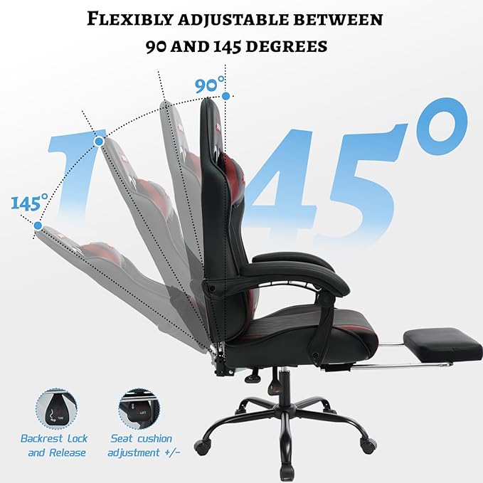 Ergonomic Gaming Chair with Footrest and Lumbar Massage, Racing Office Chair, High Back Computer Desk Chair with Headrest Pillow for Adults, Video Game Chair for PC Gamer (1001-Red)