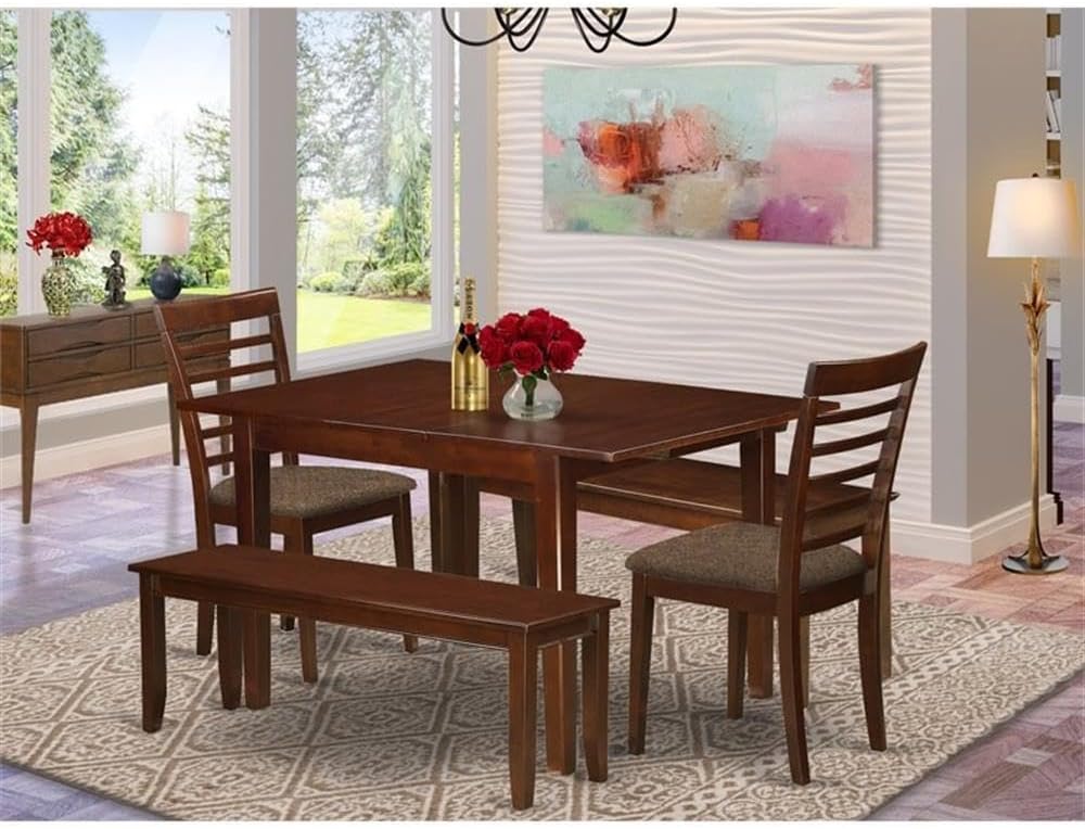 East West Furniture MILA5D-MAH-C 5 Piece Dining Table Set Includes a Rectangle Kitchen Table with Butterfly Leaf and 2 Linen Fabric Dining Chairs with 2 Benches, 36x54 Inch, Mahogany