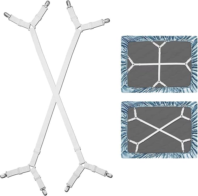 2Pcs Bed Fitted Sheet Straps Clips, Adjustable Crisscross Sheets Clip Holder Fasteners Suspenders for Mattress Cushion Cribs Elastic Sheet Strap Fitted Sheet Corner Holder (White)