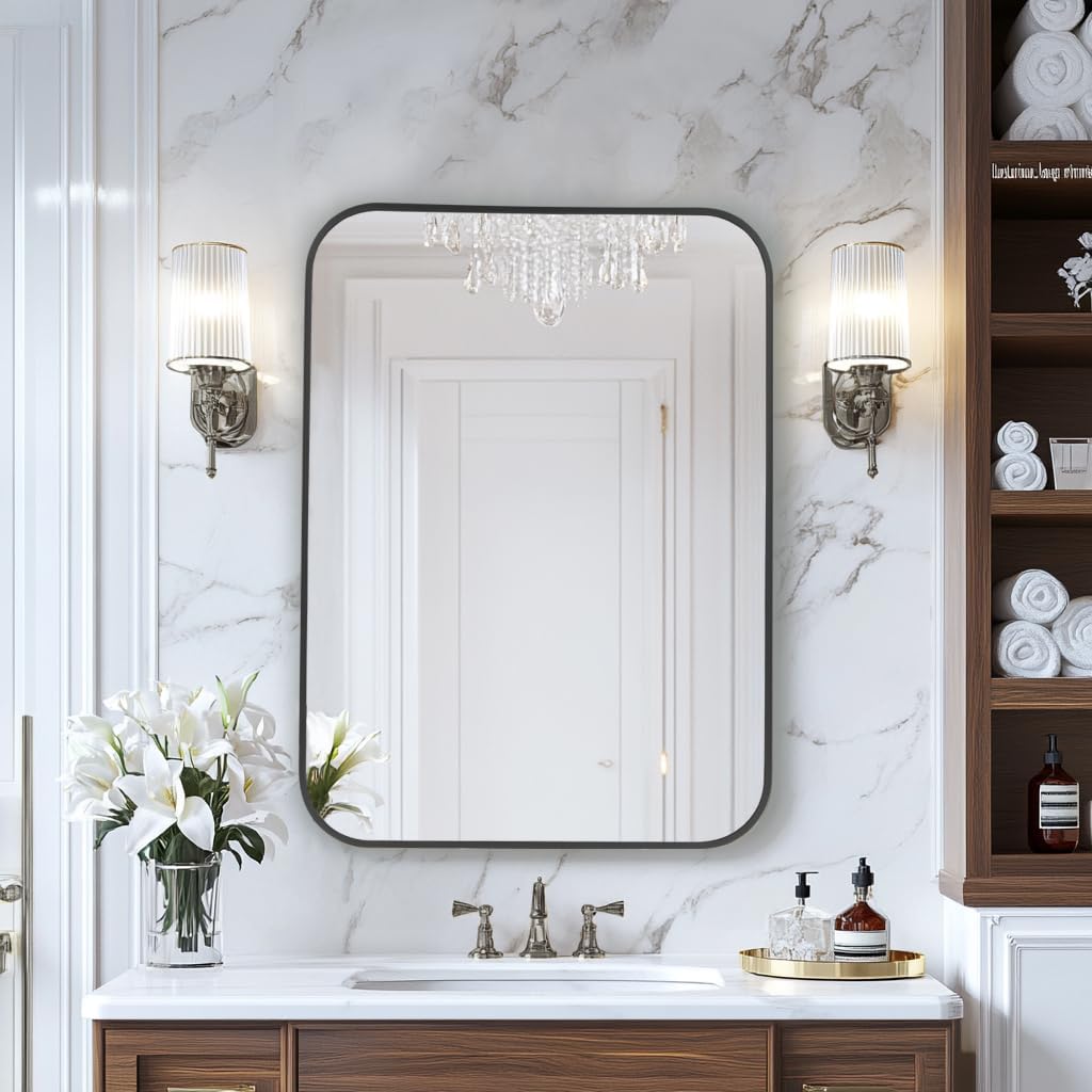 MZON 24x32 Inch Matte Black Bathroom Mirror, Rectangle Wall Mirror for Bathroom, Anti-Rust Frame & Tempered Glass, Hangs Horizontally/Vertically - Farmhouse, or Modern Bathroom Decor