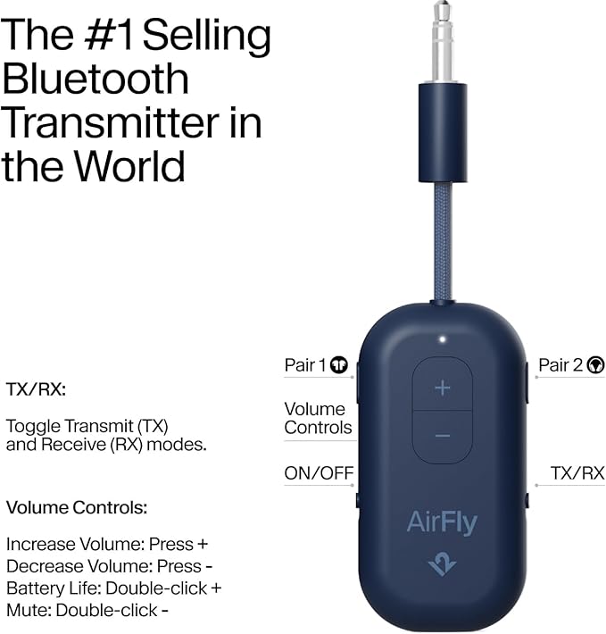 Twelve South AirFly Pro 2 Bluetooth 5.0 Transmitter/Receiver for TV to 2 Wireless Headphones – Wireless Adapter for AirPods, Car, Gym, Home, Use with Any 3.5 mm Audio Jack, Blue