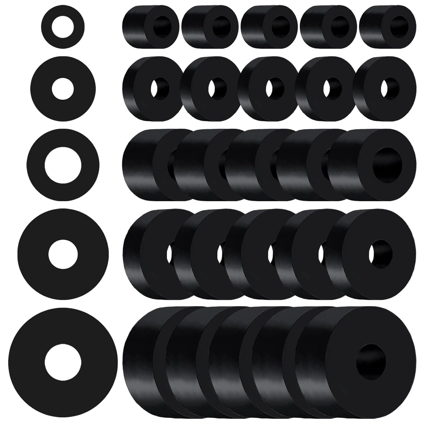 30 PCS Rubber Spacer 5 Sizes Black Non-Slip Thick Grommets Vibration Isolation Round Rubber Flat Washers Spacers Washers for Home and Car Accessories