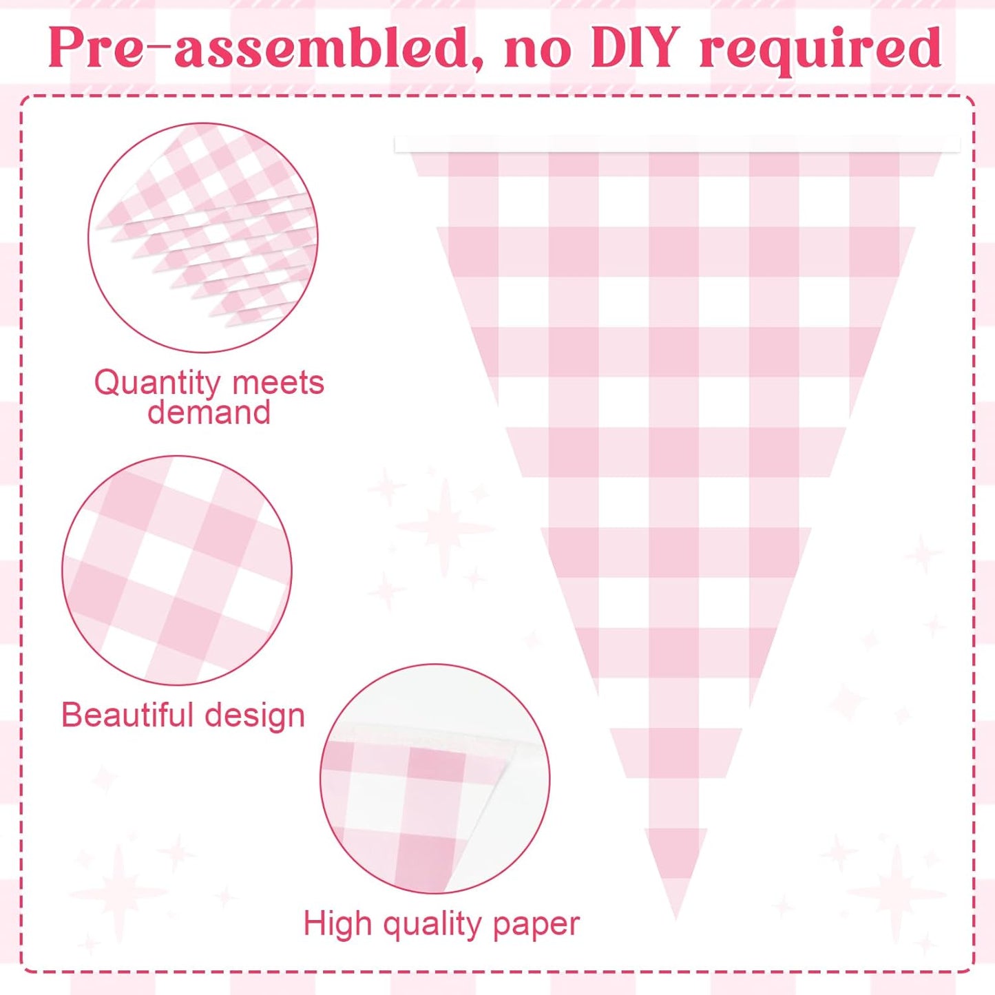 Pasimy 98.42 ft 120 Pieces Pink Gingham Pennant Banner - Pink Plaid Garland Decor Gingham String Triangle Party Bunting Flags for Birthday Baby Shower Party Decorations Supplies