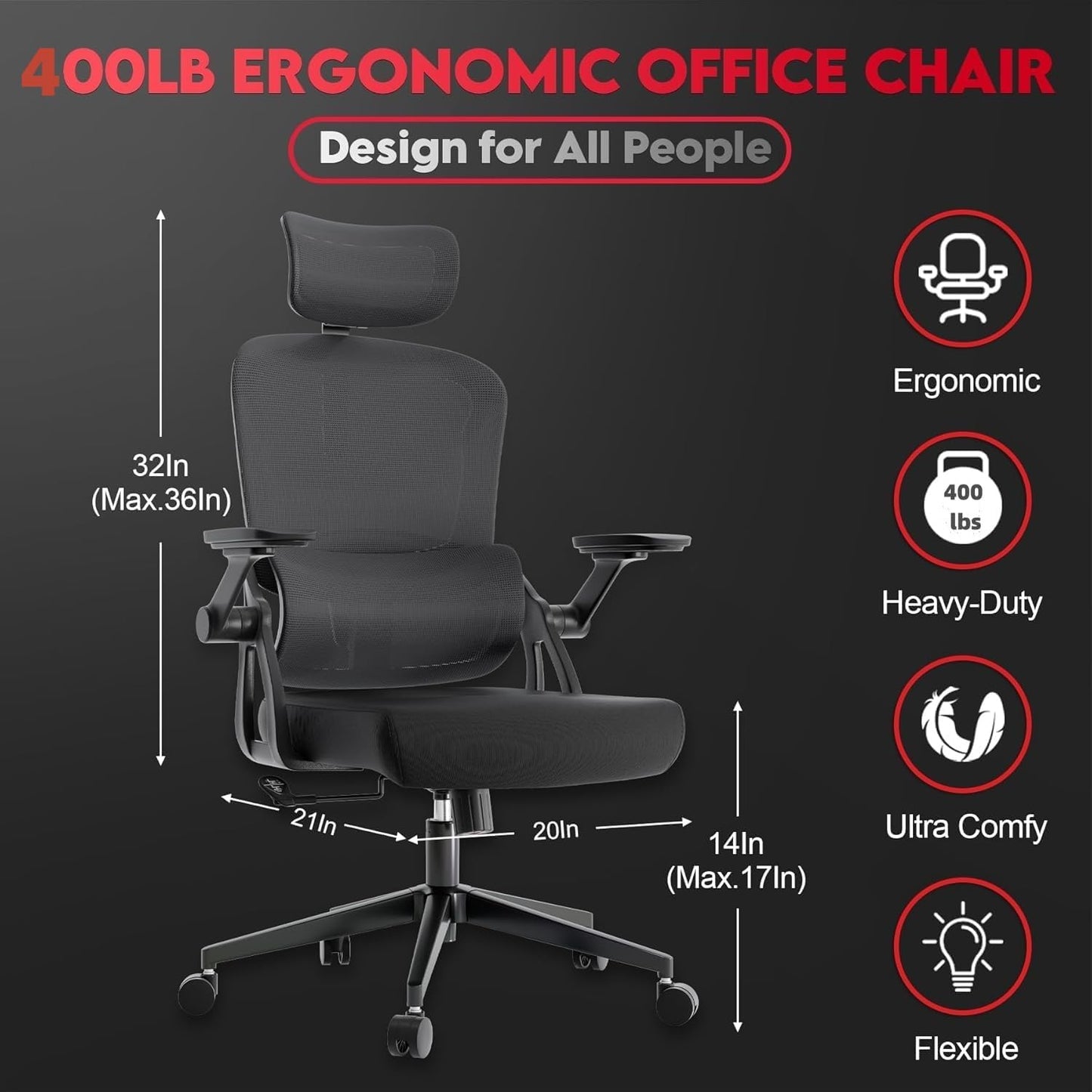 Big and Tall Ergonomic Office Chair - 400LB Comfy Desk Chairs with Headrest and Lumbar Back Support, Heavy Duty Mesh Computer Chair with Wheels and Arms for Home Office, Bedroom, Study Room