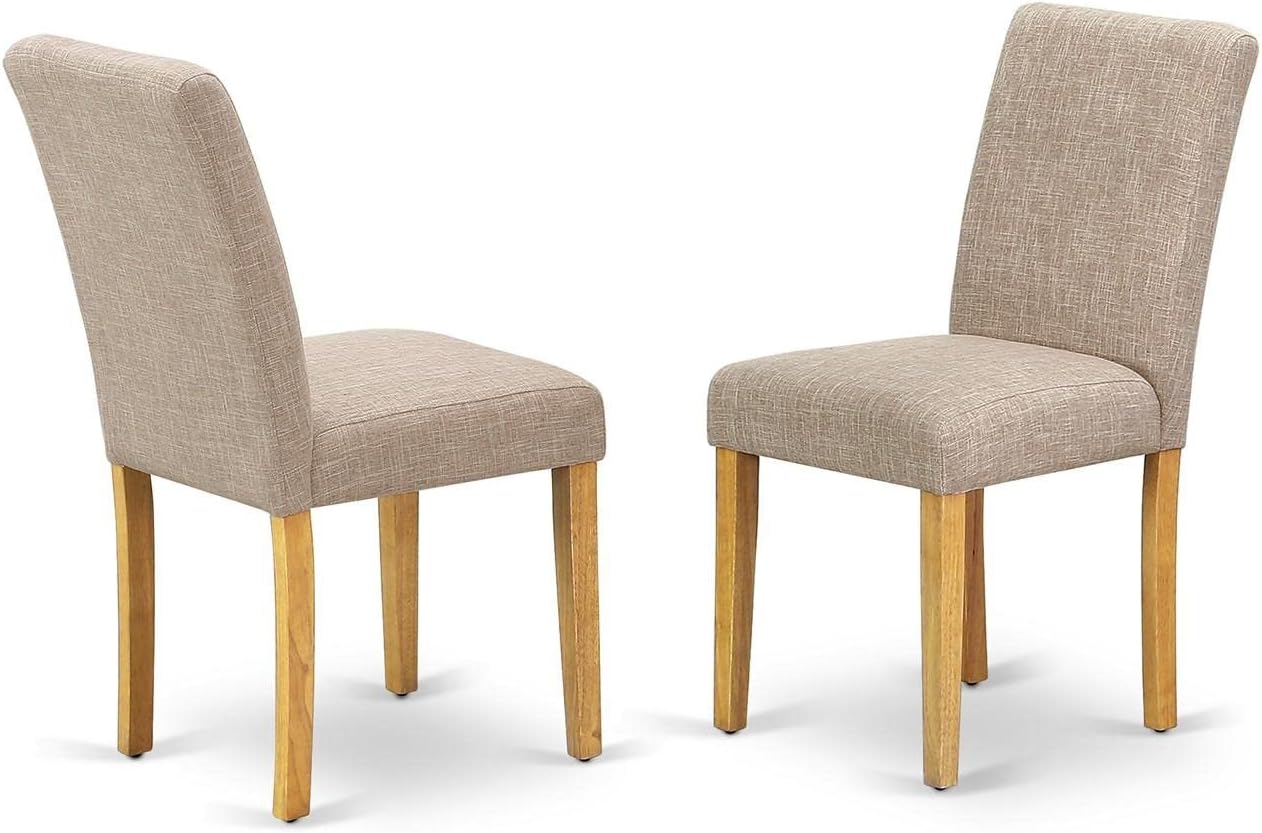 East West Furniture ANAB5-OAK-04 5 Piece Dining Table Set for 4 Includes a Round Kitchen Table with Pedestal and 4 Light Tan Linen Fabric Parson Dining Chairs, 36x36 Inch, Oak