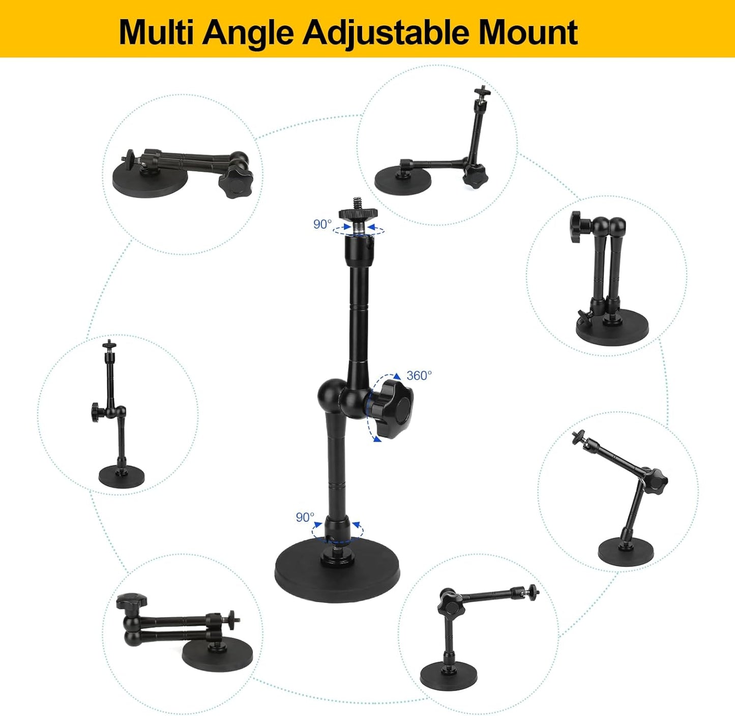 Magnetic Camera Mount for GoPro Hero/Insta 360 / DJI OSMO/AKASO Action Camera,3.46 inch Diam Magnetic Rubber Coating Base,10 inch Length Adjustable Aluminum Alloy Arm