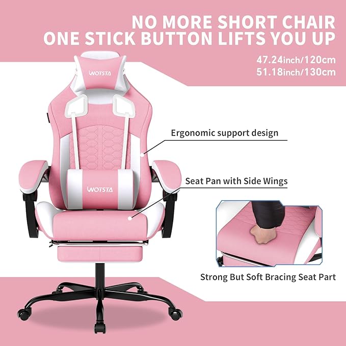 Gaming Chair with Massage,Ergonomic PC Gaming Chair with Footrest Comfortable Headrest and Lumbar Support,High Back Game Chair PVC Leather,300LBS (Pink)