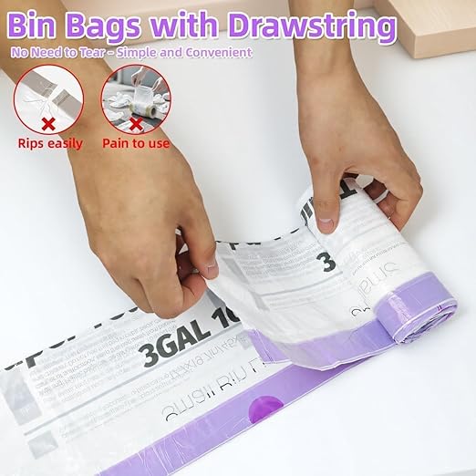 OKKEAI 3 Gallon Small Mini Trash Bags with 64 Count Drawstring Trash Bags Leak Proof Tear Resistant Bathroom Kitchen Office Garbage Bags Heavy Duty Liners Easy to Tie and Dispose