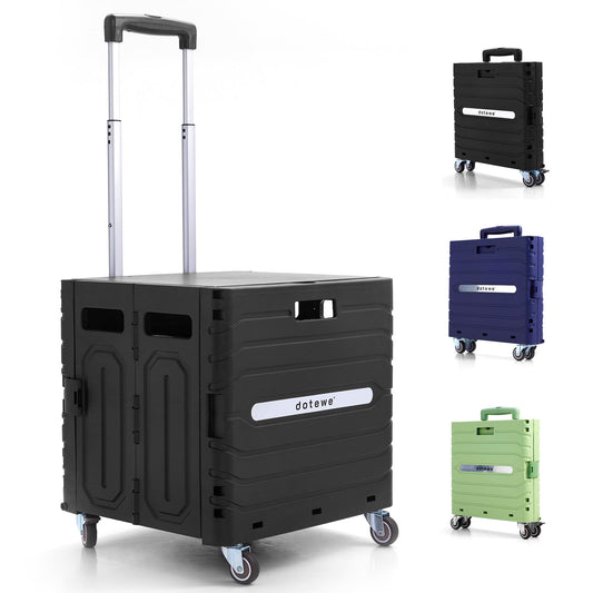 Folding Utility Cart Black Portable Rolling Crate Handcart Foldable Shopping Trolley Collapsible, with Lid, on Wheels, for Grocery, Garden, Office, Storage, Teacher, Tool (Black)