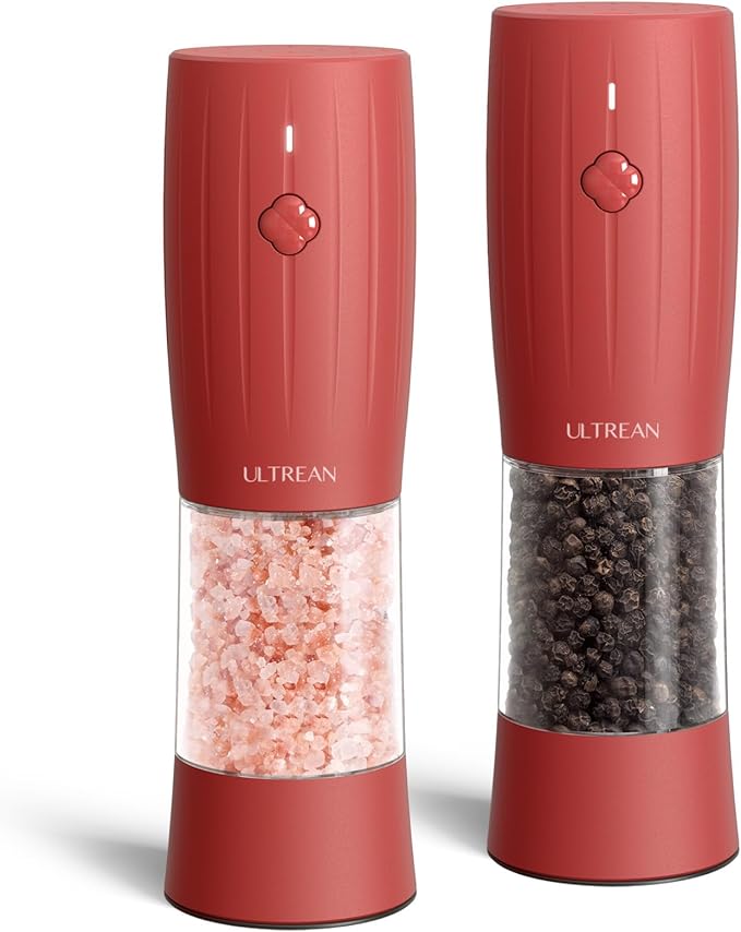 Ultrean Salt and Pepper Grinder Set, Rechargeable Salt and Pepper Mill, 6 Adjustable Coarseness, LED Light, Red Christmas Gifts, Crimson Red